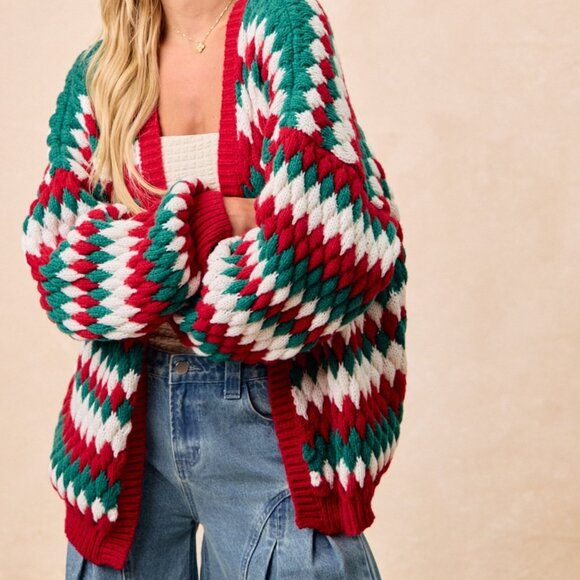 BIBI Christmas Chunky Knit Red Green White Cardigan - Picture 3 of 14